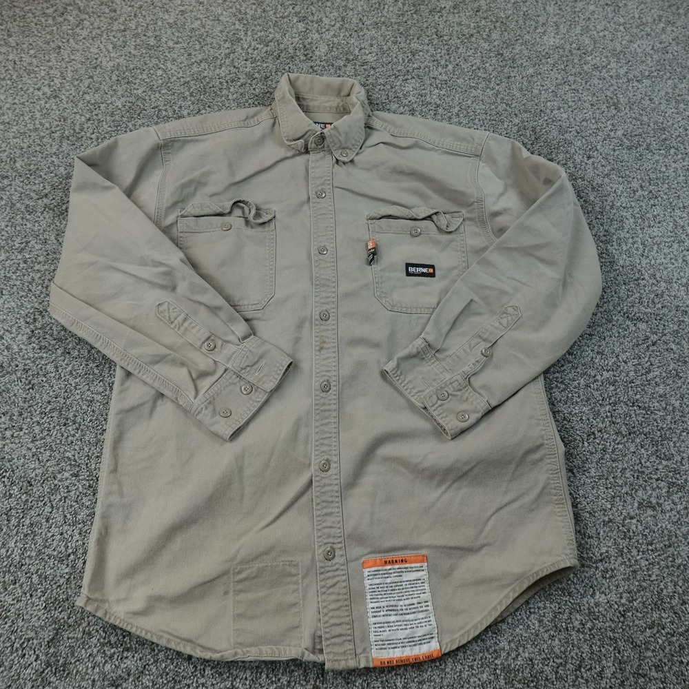 Berne Shirt Mens M Beige Tan FR Flame Resistant Twill Button Up Work Long Sleeve